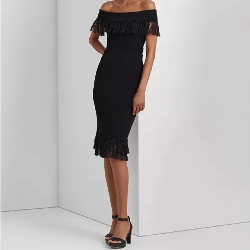 nwt $225 Lauren Ralph Lauren Rib-Knit Pencil Skirt with Fringe-Trim Black Small - Picture 1 of 15